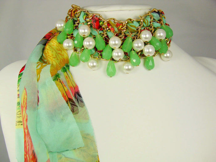Chiffon Choker Necklace with beads and synthetic pearls.