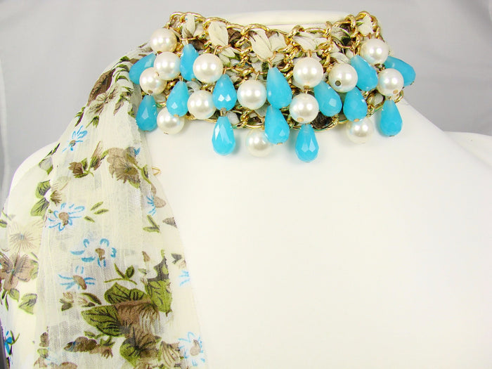 Chiffon Bracelet Choker Necklace with beads. Blue