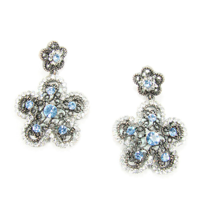 Bronze Flower Earrings with Blue Beads and Crystals