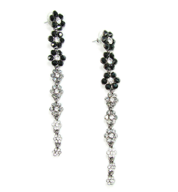 Crystal Flower Drop Earrings Black, Grey and White Crystal Flowers