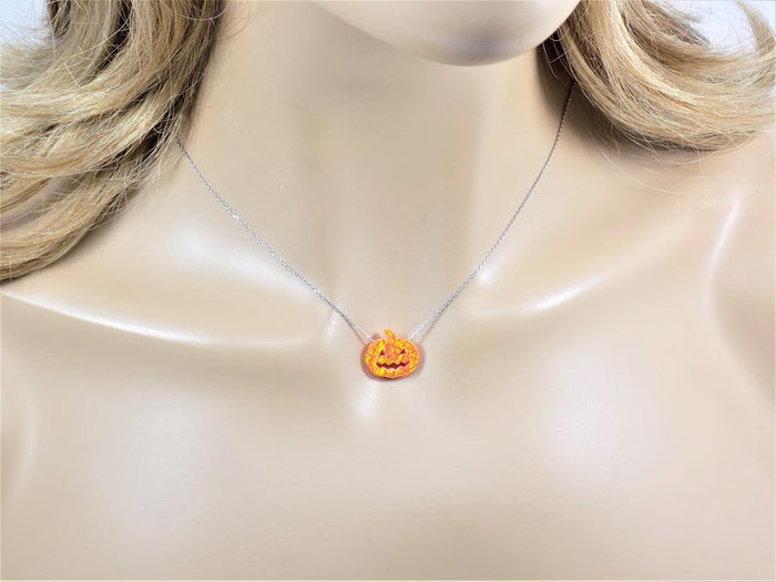 Pumpkin Necklace Opal Pendant Charm, 925 Sterling Silver Chain