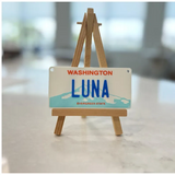 Small sign with 'WASHINGTON LUNA' on a wooden stand against a blurred background. Personalized Mini License Plate Tag – Custom 4x2” State Plate for Kids, Car Toy, Wagon, Bike, Stroller – Thick Plastic Name Sign