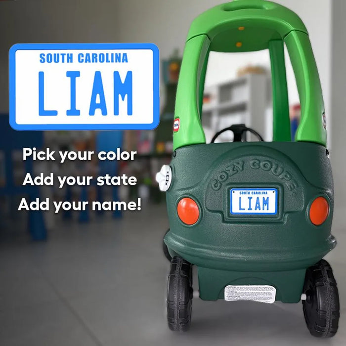Custom 2.2x3.7 inch mini license plate attached to Cozy Coupe kids car
