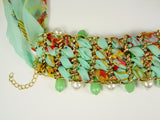 Choker Necklace with Beads Green Fabric Lace Exotic Fashion Chiffon Bracelet with beads and synthetic pearls.