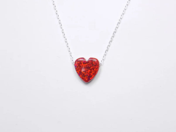 Heart  Necklace Lab-created red opal  pendant with 925 sterling silver chain necklace