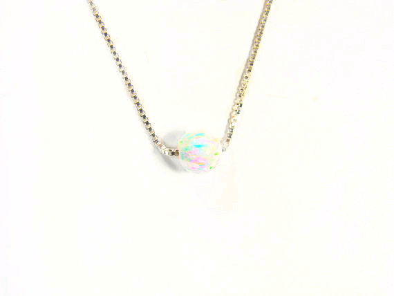 White Solitaire Opal Necklace Dot Pendant 925 Sterling Silver Box Chain