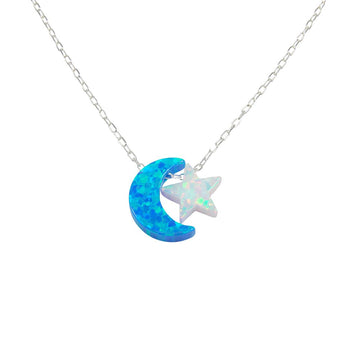 Moon and Star Necklace Lab-Created Opal 925 Sterling Siver Chain