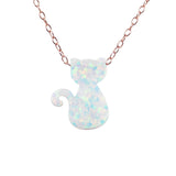 Cat Necklace White Opal Charm Pendant 925 Sterling Silver Chain