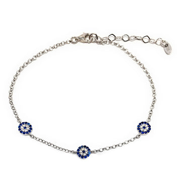 Evil Eye Chain Bracelet 925 Sterling Silver Cubic Zirconia Stones