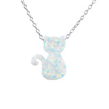 Cat Necklace White Opal Charm Pendant 925 Sterling Silver Chain