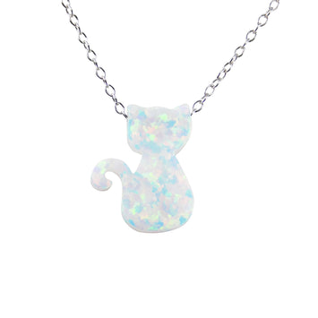 Cat Necklace White Opal Charm Pendant 925 Sterling Silver Chain